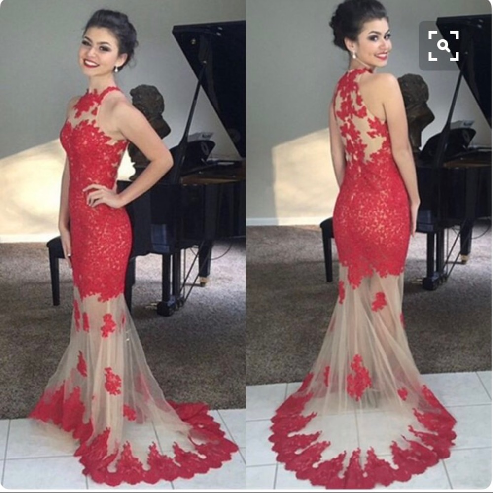Red lace prom dress